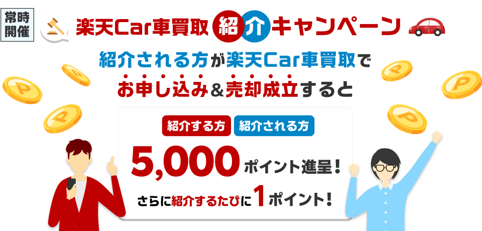 楽天Car車買取を紹介してお得にポイントを貯めよう！紹介される方が楽天Car車買取に初めてお申し込み・ご成約で最大5,000ポイント進呈！さらに紹介される方にも最大5,000ポイント！