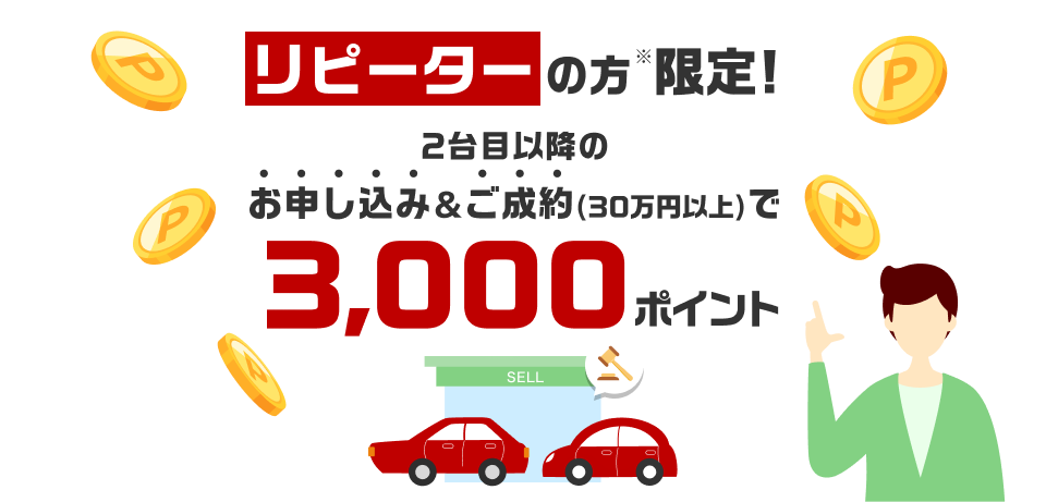 【常時開催】リピーターの方限定！2台目以降のお申し込み＆ご成約で3,000ポイント：楽天Car車買取